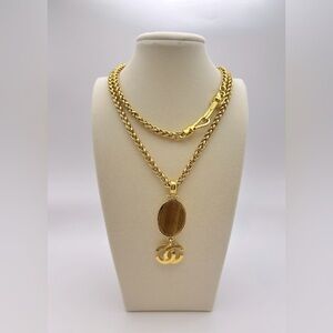 Rare Chanel Vintage Coco Mark Tiger Eye Oval Necklace Gold Plated with Box